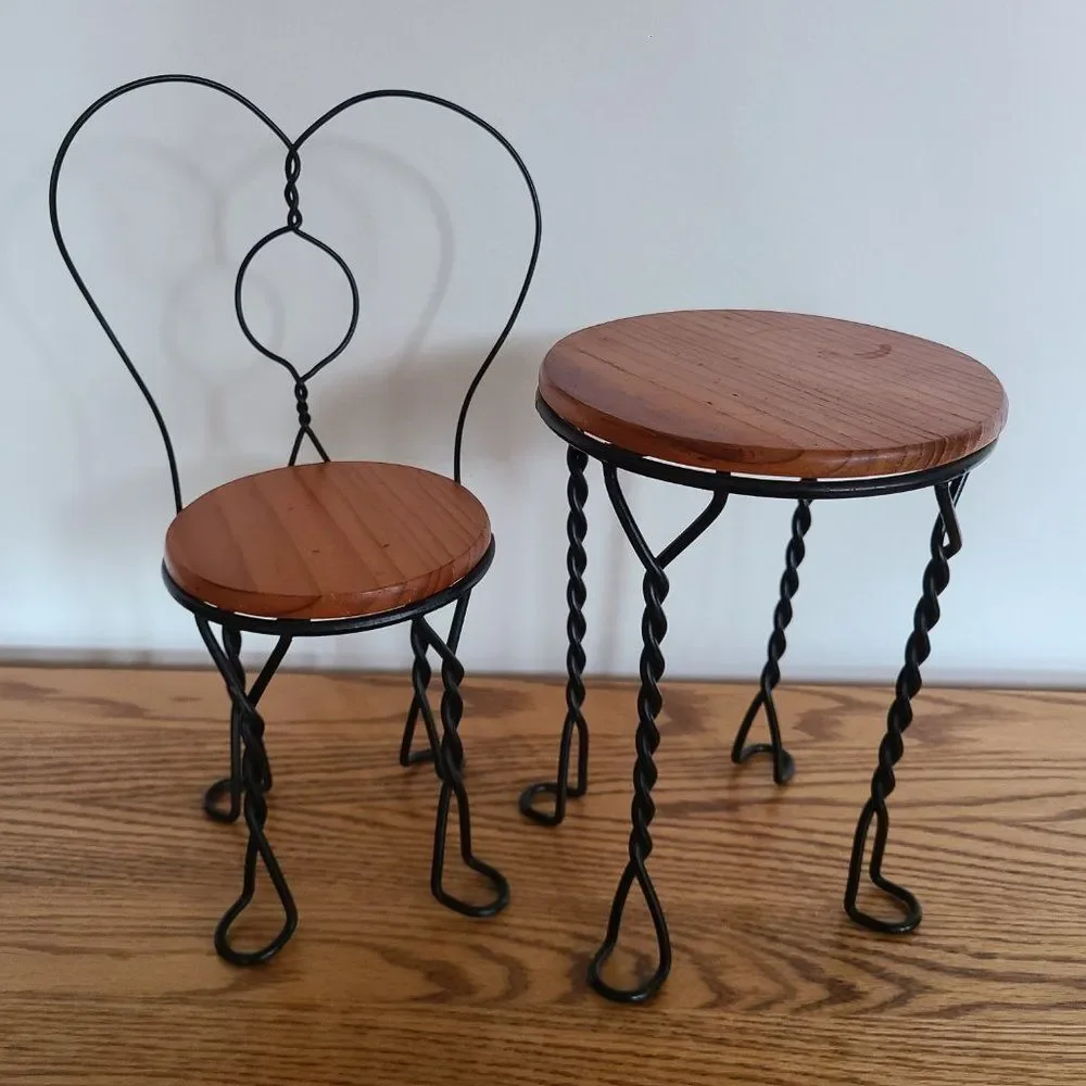 VTG Doll Furniture Wood & Twisted Metal Ice Cream Parlor Bistro Chair and Table
